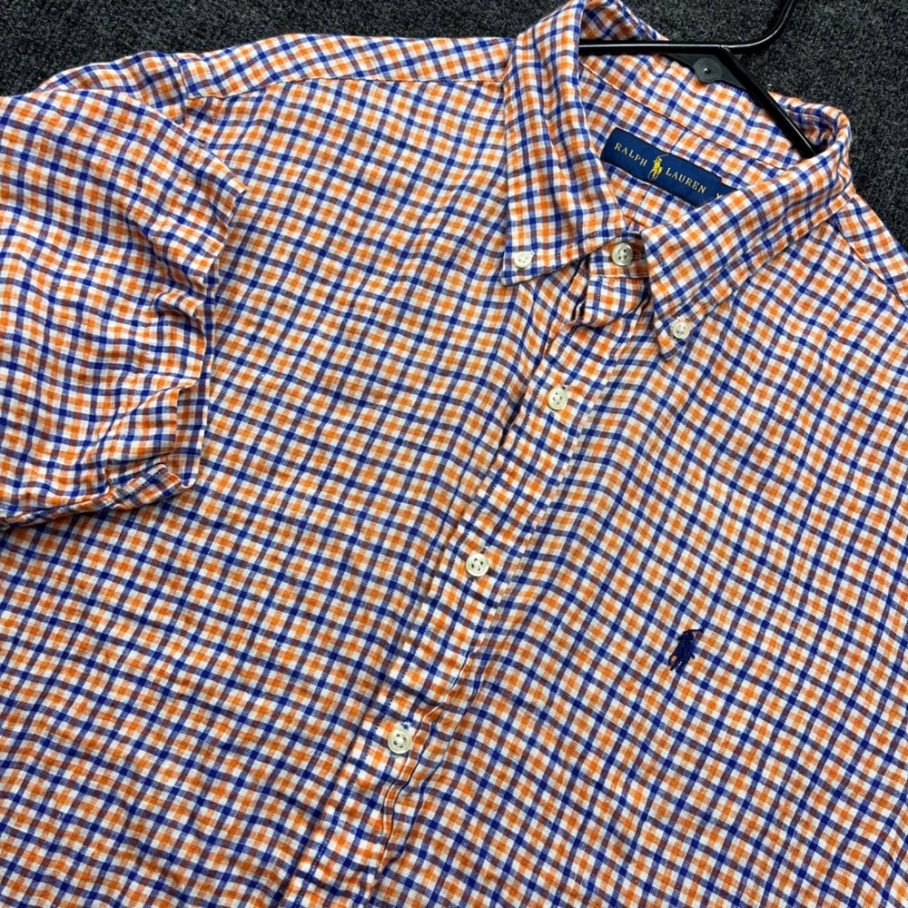 Ralph Lauren Mens XL Short Sleeve Linen Gingham Check Button Down Shirt Orange